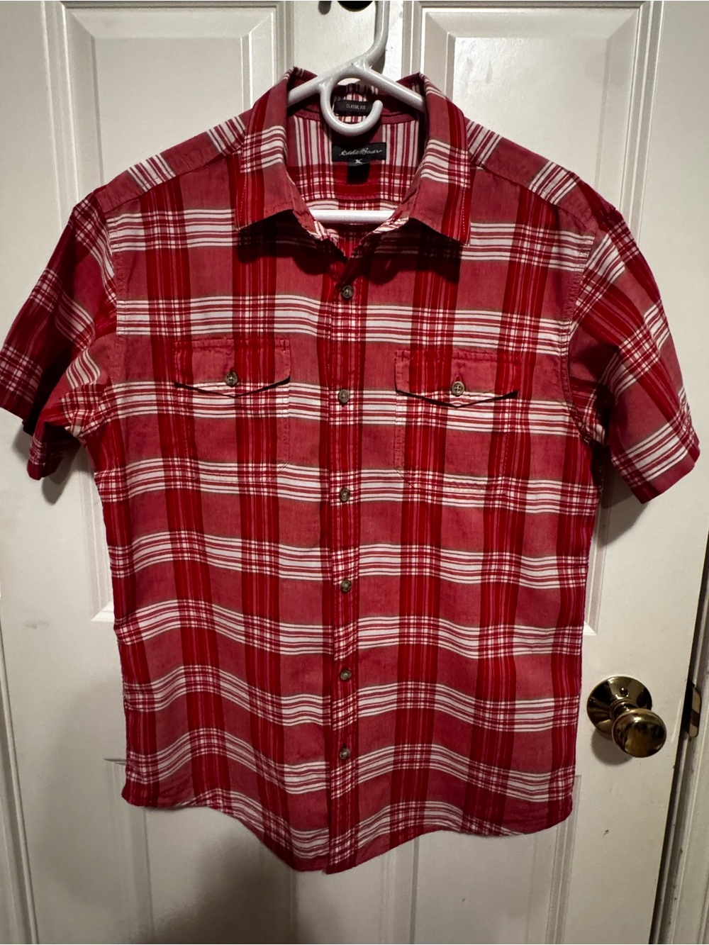 Eddie Bauer Red & White Plaid Short Sleeve  Shirt 100% cotton
